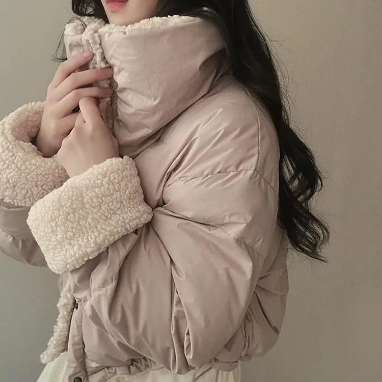 Stand Collar Drawstring Parkas Thicked Outerwears Lambswool Ropa Mujer 2025 Woman Casaco Autumn Winter Single Breasted Jacket