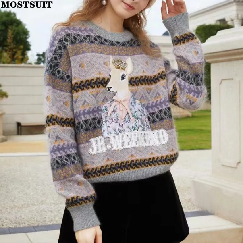 

Deer Embroidered Bowtie Jacquard Knit Sweater Women Pullover Tops 2023 Autumn Winter Long Sleeve O-neck Stylish Vintage Jumpers