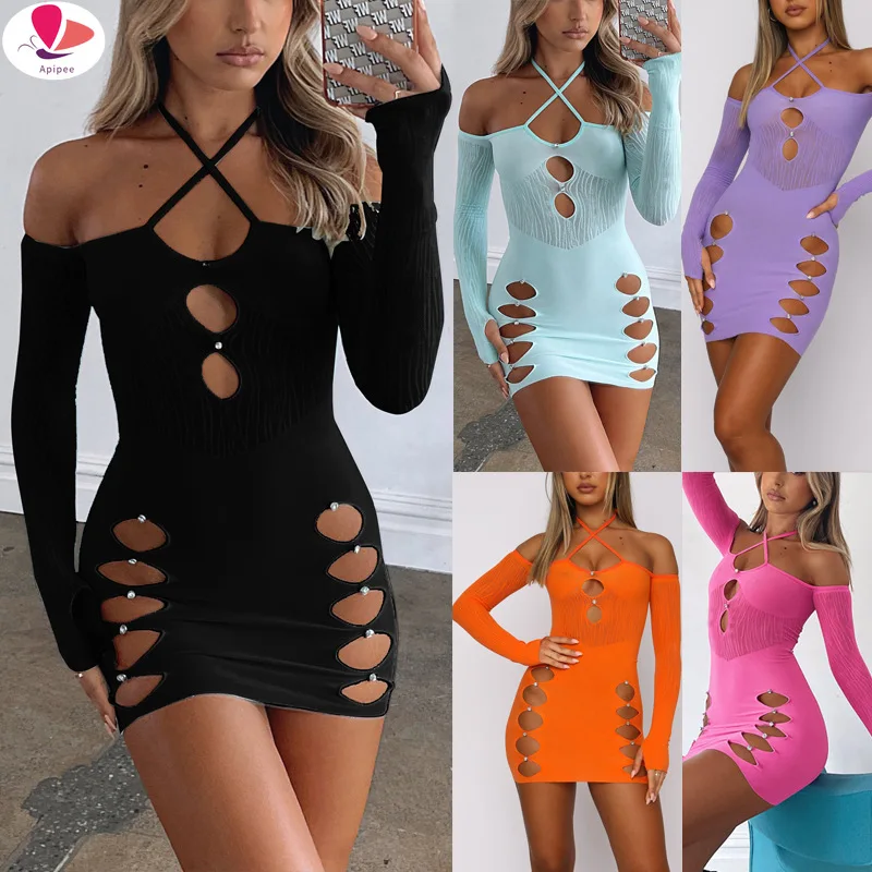 

APIPEE Women Bodycon Dress Party Hanging Neck Spring Fall Casual Wrapped Cutout Dress Clubwear Mini Dresses New 2024