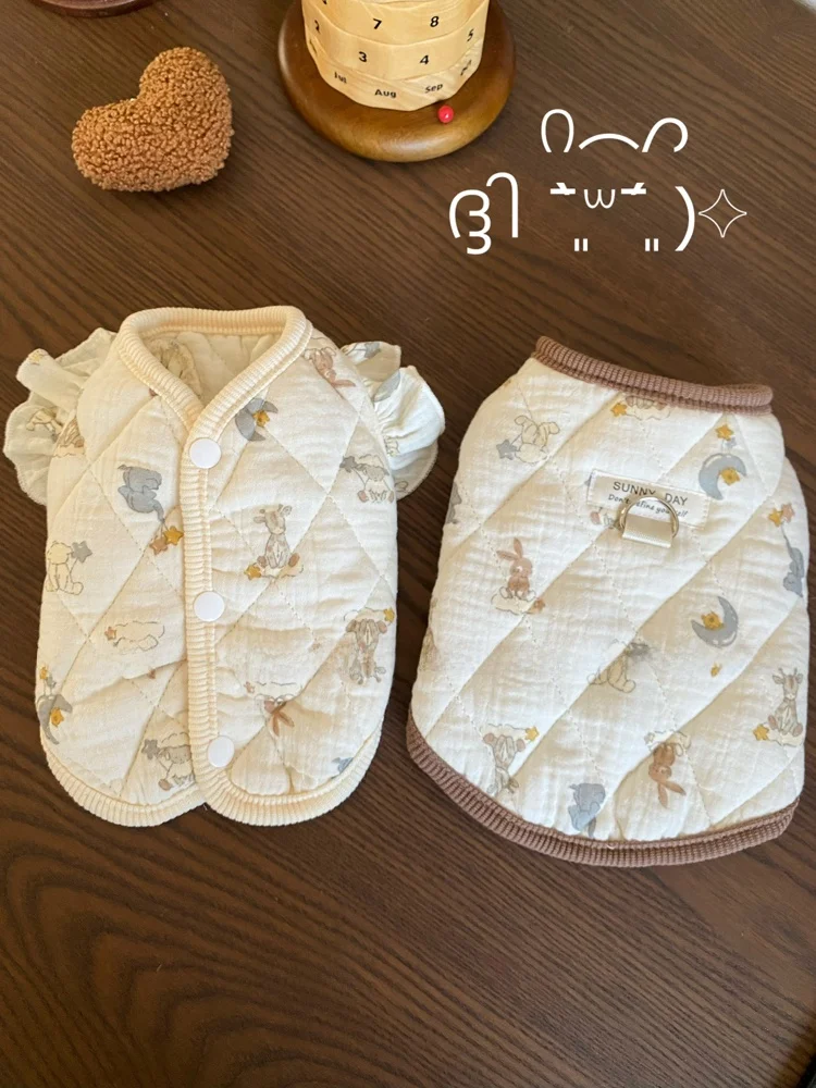 따뜻한 면 가디건 애완동물 조끼 (새끼 고양이와 소형견용) 테디 스타일 가을 겨울 홈웨어 귀여운 동물 무늬 애완동물 옷