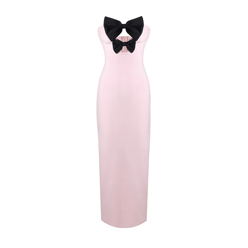 

Women Dress Sexy Strapless Dress with Stylish Bowtie Hollow-out Detail Slim Fit Figure-Hugging Hip-Hugging Bandage Dress