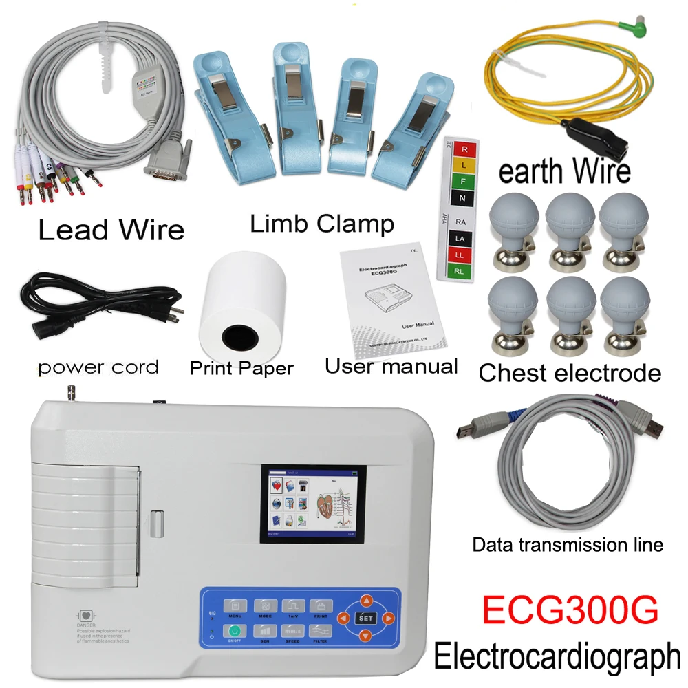 ECG300G Digital Electrocardiograph 3 channel 12 lead ECG Machine 4.3&rdquo; EKG Monitor with Software Printer ﻿