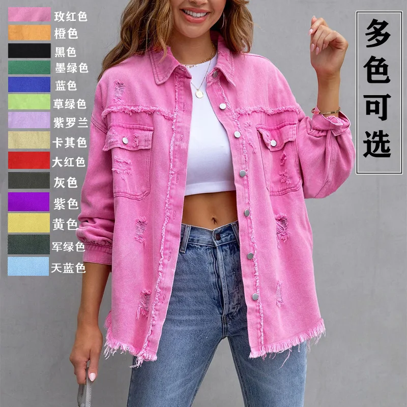 

2023 Fashion Denim Jacket Women Long-sleeved Casual Lapel Jacket Making Old Broken Holes Tassels Pink Purple Black Demin Jacket