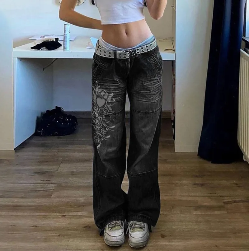 Harajuku Printed Cargo Jeans High Waist Streetwear 90S Jeans Women Pants Baggy Straight Wide Leg Y2k Pants Korean Clothes Kpop