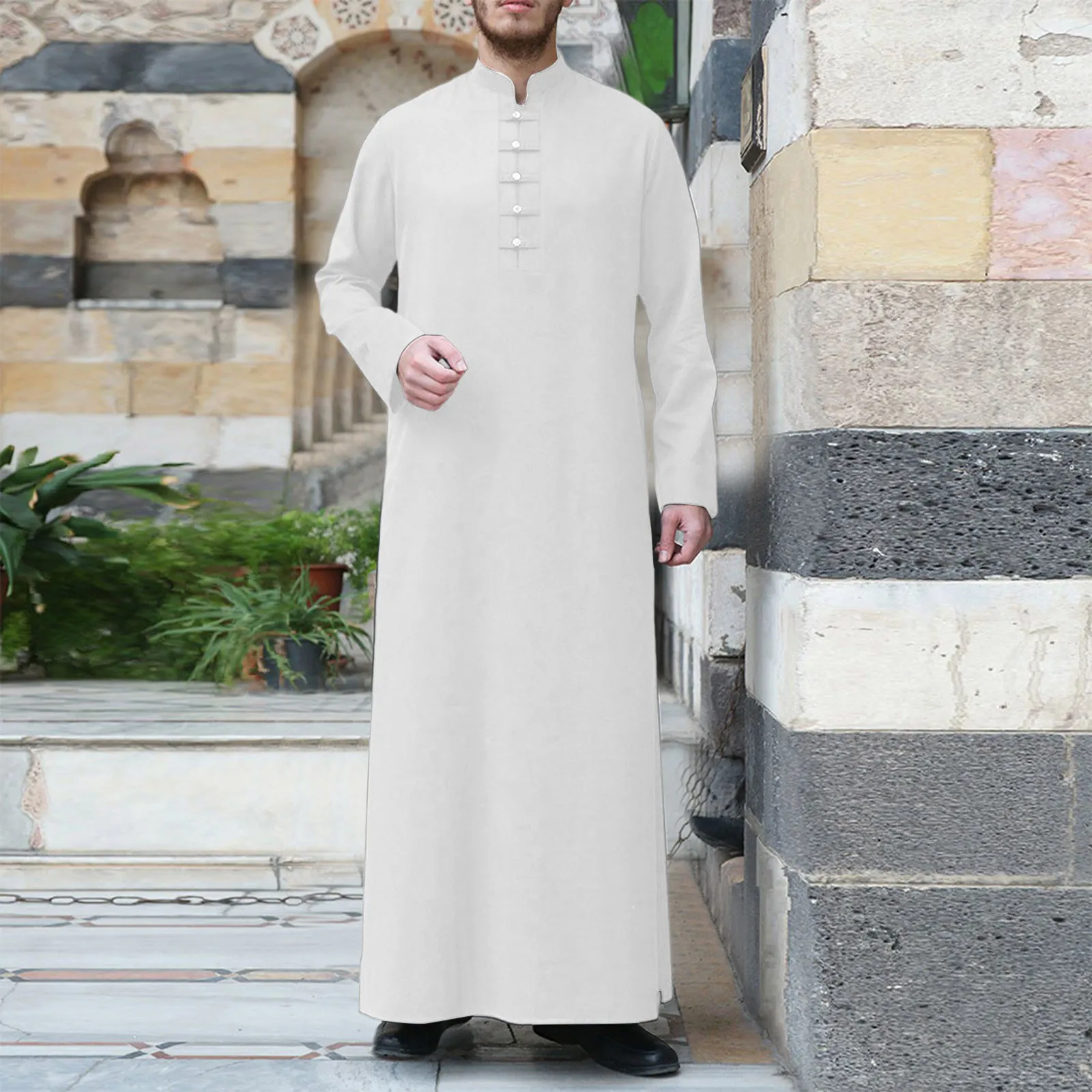 Robe Abaya de manga comprida simples solto masculino, confortável, roupão muçulmano, árabe, Dubai, roupa islâmica tradicional, botão de manga comprida