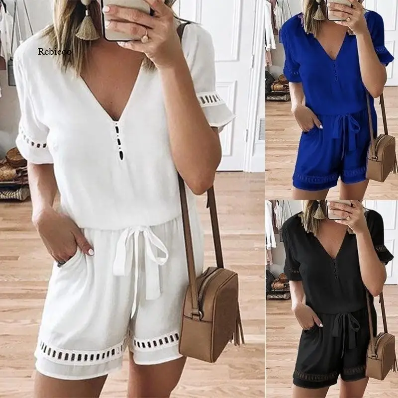 

Women Rompers Solid White Jumpsuit Summer Short Sleeve Overalls V Neck Jumpsuits Casual Drawstring Playsuit