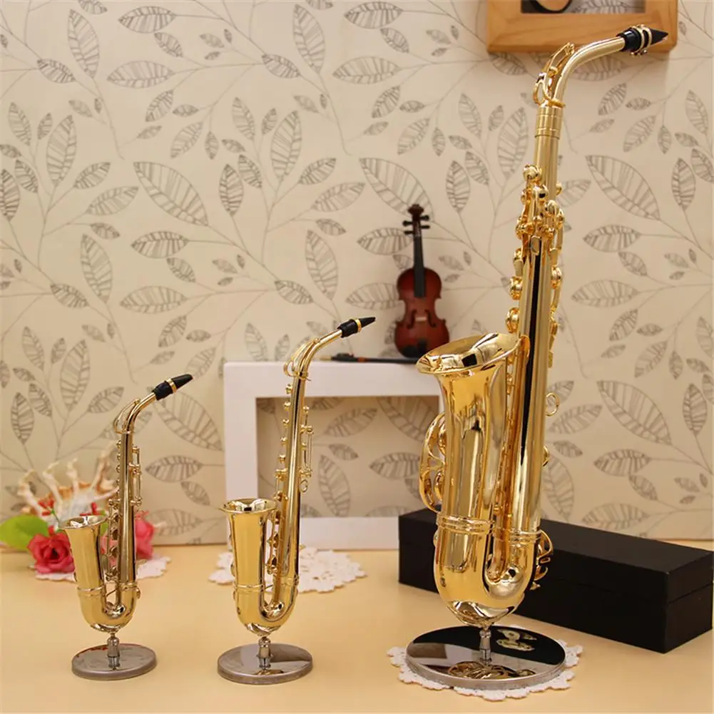 Mini Saxophone Model Musical Instrument Copper Brooch Miniature Desk Decor Display With Box + Bracket