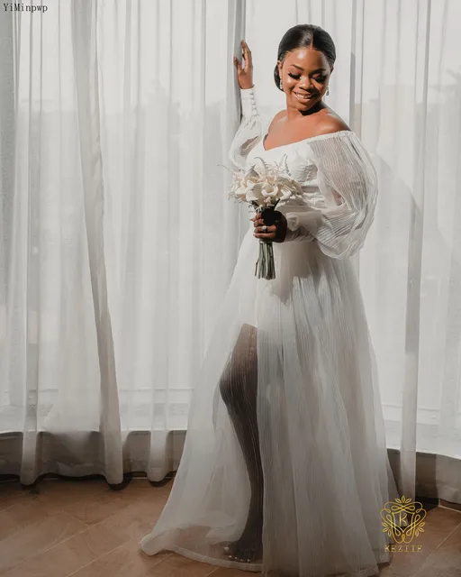 African White Bridal Shower Dresses Bride Robes Wedding Gowns Off Shoulder Long Sleeve Pleats