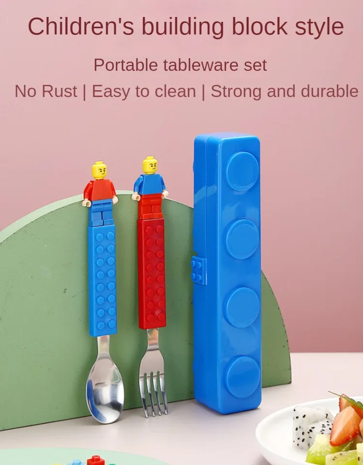 Description Picture 2 of item304 Stainless Kids Funny Fork Spoon Set Children Building Block Toys Cartoon Steel Tableware Portable Storage Jigsaw Puzzle Toys