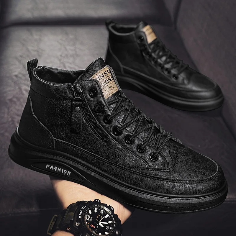 Leather Men's Boots Outdoor Comfor Sneakers Shoes Man Platform Warm Fur Ankle Short Lace Up Boots Fashion Casual Work Shoes Man 2
