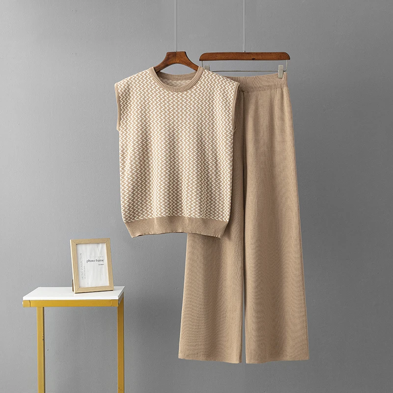 Jacquard Summer 2-Piece Sets New Simple Loose Sleeveless Knitted Waist coat Tops with Wide Leg Pants Knitted Two-piece for Women