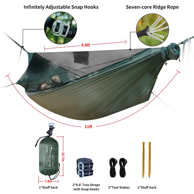 11ft Camping Hammock with Net and Ridge Rope Detachable Full-Open Mesh Lightweight Hammock for Outdoor Hiking Backpacking