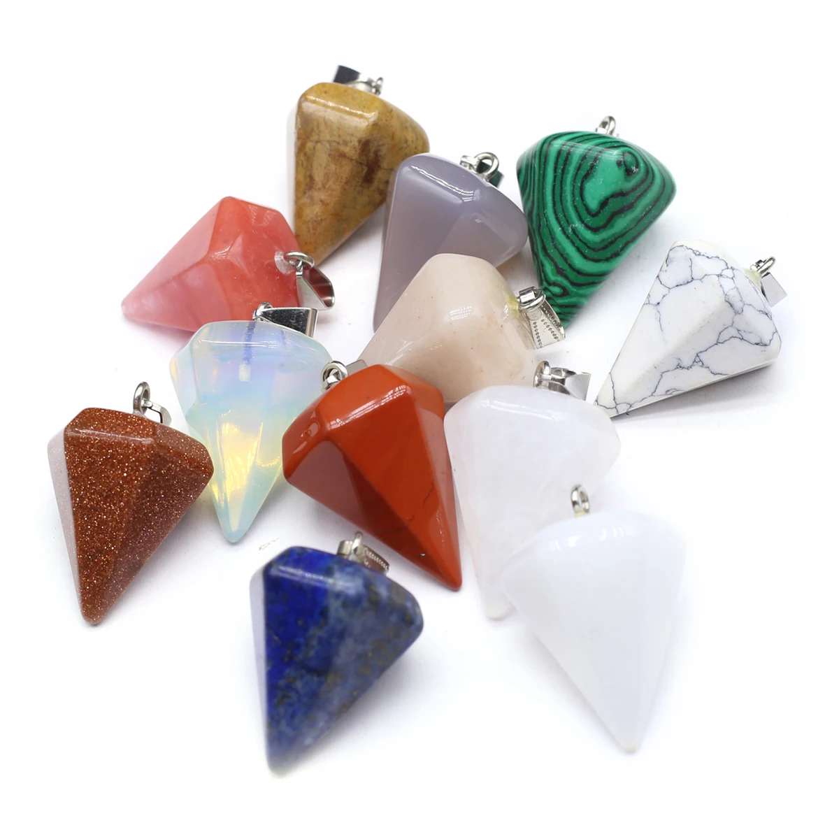 6PCS Wholesale Natural Semiprecious Stone Random Color Hexagonal Cone Pendant Jewelry Making DIY Necklace Earrings Accessories