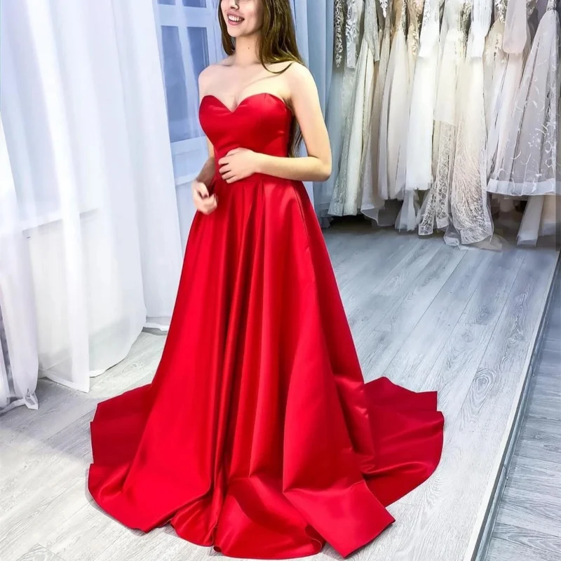 

Red Evening Dresses 2023 Sweetheart Floor Length Court Train Sleeveless Women Party Formal Special Gowns Charming Pleat Cheap