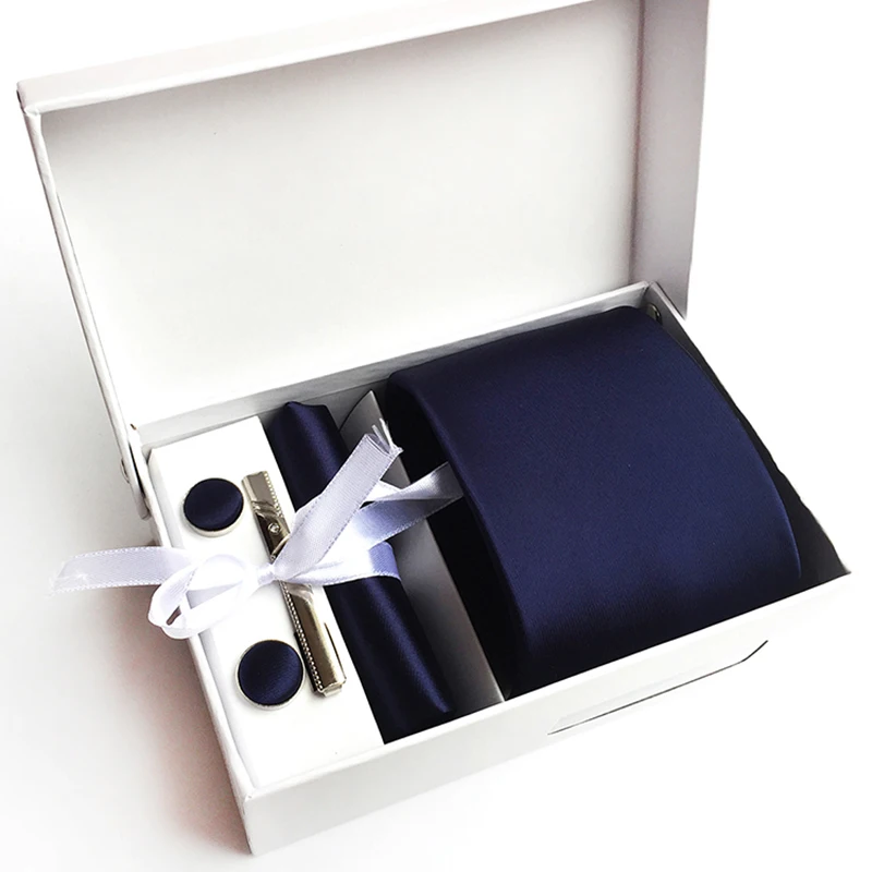 New 8CM Striped Men Ties Set Necktie Hankerchiefs Cufflinks Silk Jacquard Woven Red Navy Blue Black Tie Suit Wedding Party Gifts