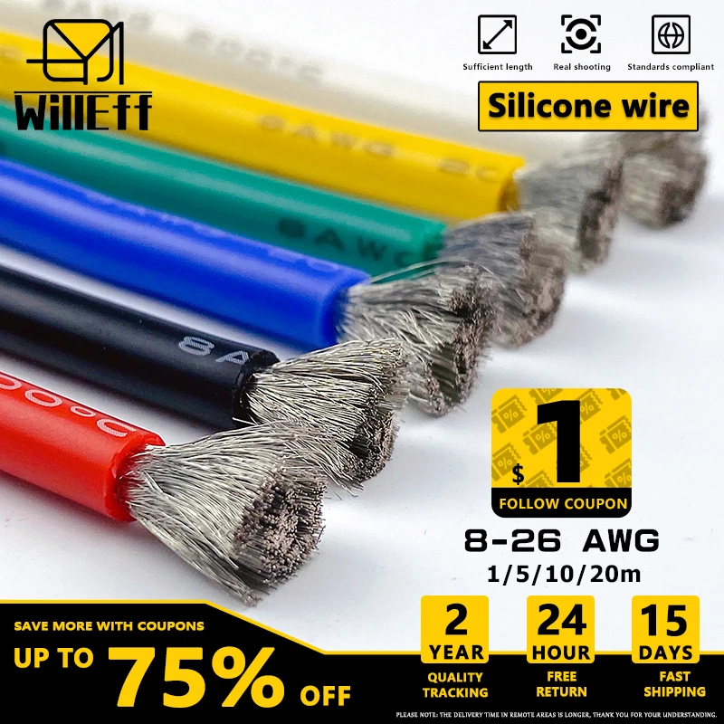 8 - 26 Awg Blue Green Yellow White Silicone Wire Super Soft Heat-resistant Electric Cable For Power Inverter Car Battery Jumper