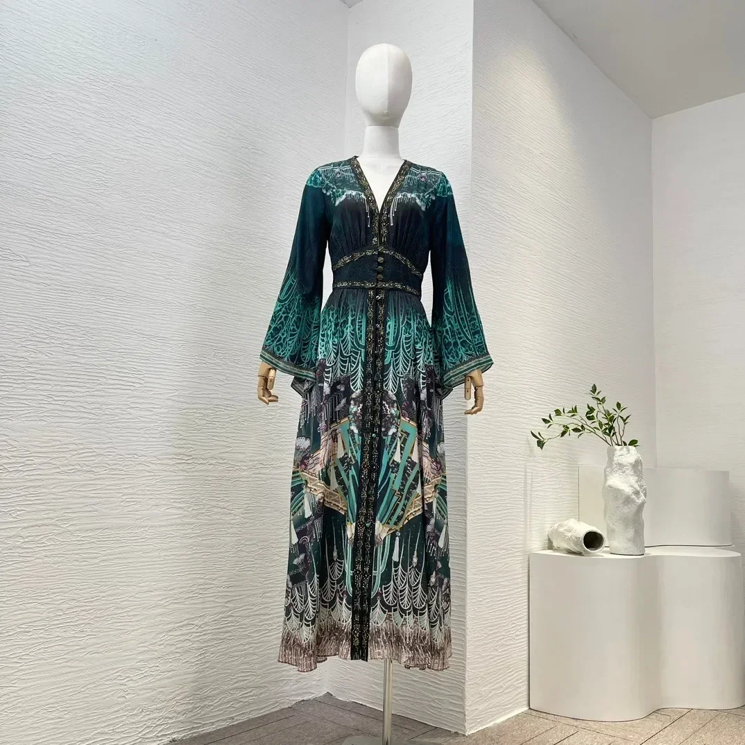 

2024 New High Quality Silk Green Printing Buttons Long Sleeve V-Neck Diamonds Midi Dress for Women