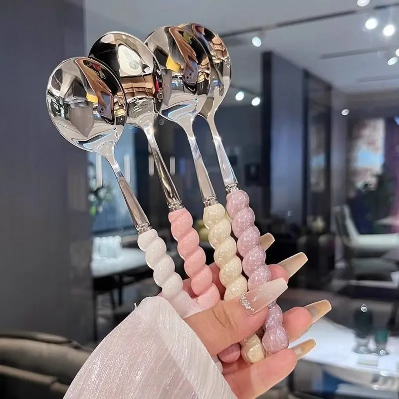 304 Stainless Steel Spoon Girl Pearl Five-color Imitation Ceramic Handle Spoons Household Long Handled Dining Spoon Hot