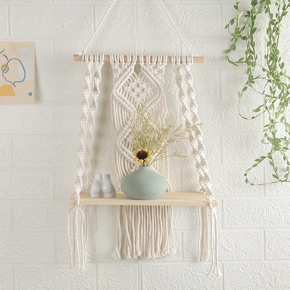 Macrame Wall Hanging Wood Shelf