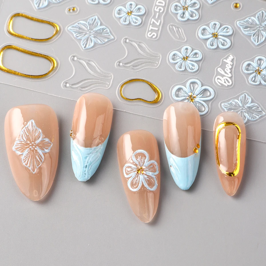 2pcs 블루 수국 꽃 네일 스티커 3D 아크릴 꽃 프렌치 팁 네일 아트 데칼 여름 네일 슬라이더 장식 매니큐어