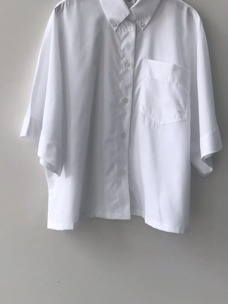 

Women White 100% Cotton Shirt Half Sleeve Loose Turn-Down Collar Top Single Breasted Female One Pocket Blouse