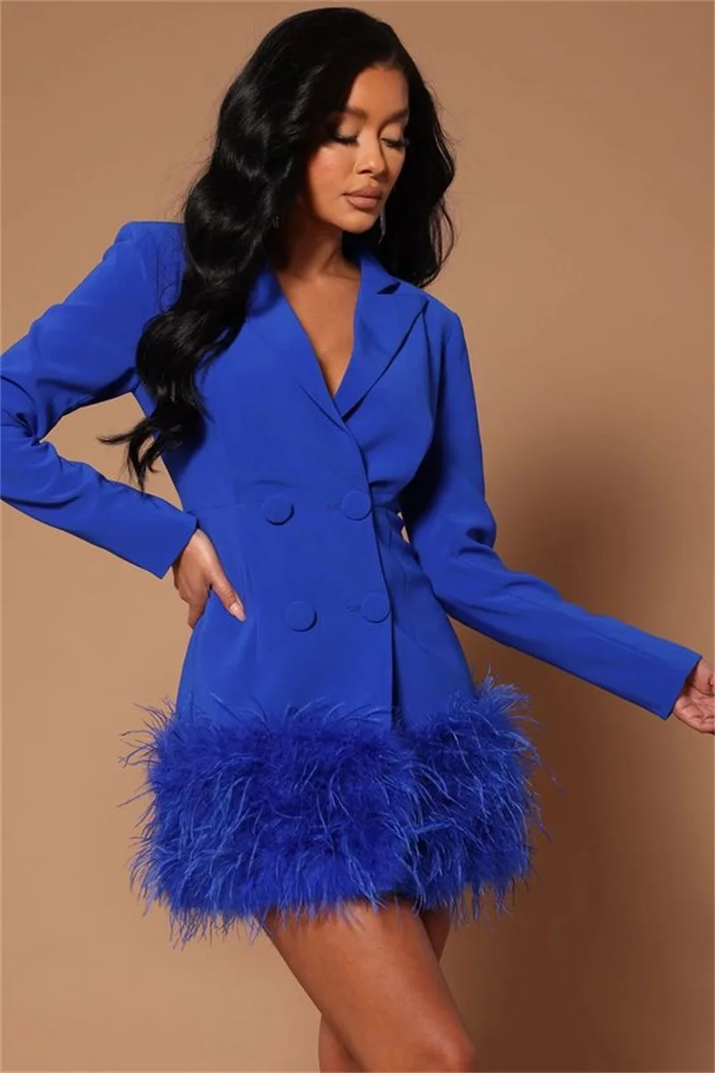 

Royal Blue Ostrich Feather Women Suits Prom Dress Sexy V Neck Blazer Jacket Tailored Fashion Party Gown Женский костюм
