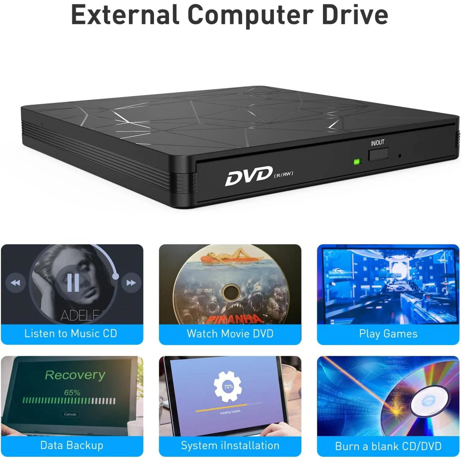 DVD Drive External Portable USB 3.0/Type-C CD Burner Mute Design +/-RW Optical Reader for Laptop Desktop