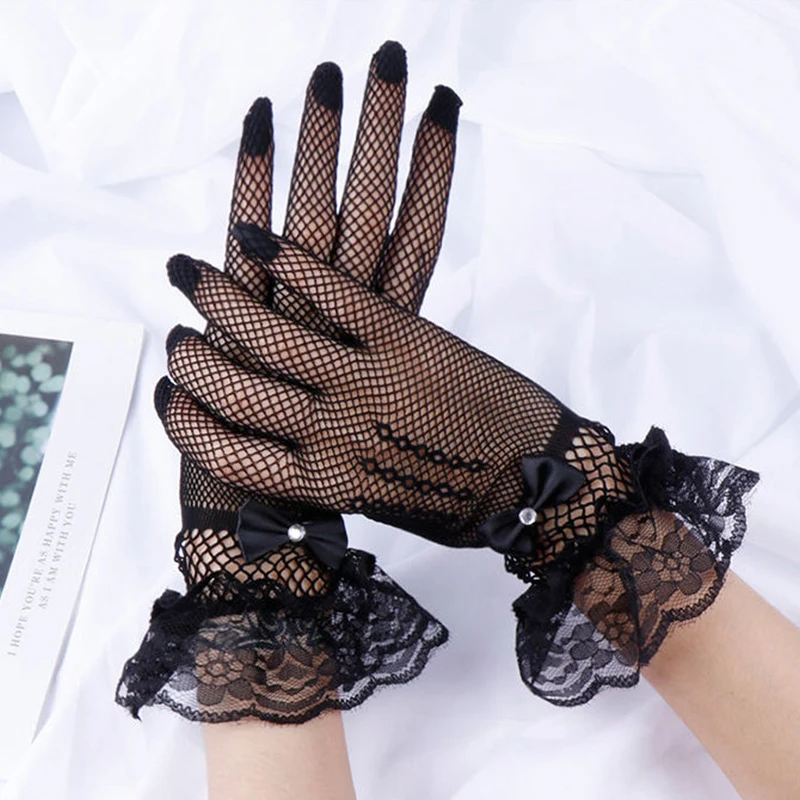 Women's Uv-proof Driving Gloves Rhinestone Bow Lace Design Sheer Fishnet Full Finger Mittens Mesh Fishnet Gloves 1 Pair