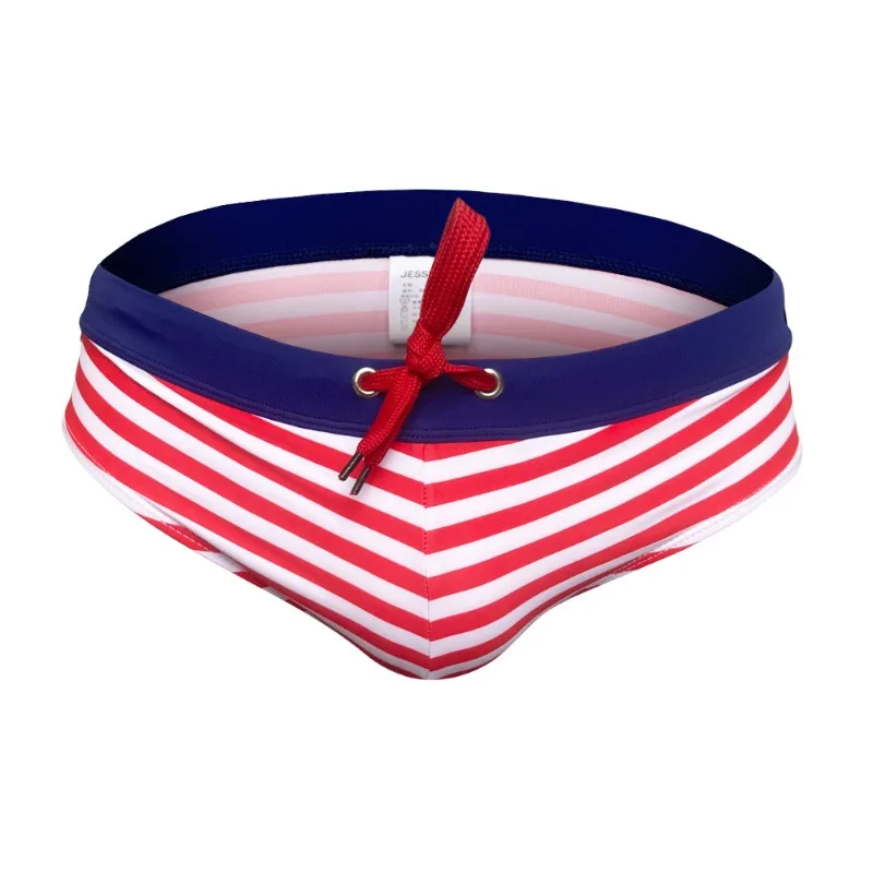 Stripes Men Swim Trunks Sexy Low-waisted Drawstring Swimwear Swimming Briefs Summer Quick Drying Sport Beach Shorts Swimsuit