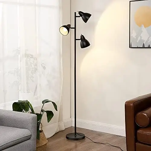 

Floor Lamp with 3 Adjustable Rotating Metal Heads, Black Industrial Rustic Tall Pole Lamp, Farmhouse Standing Lamps for Living R