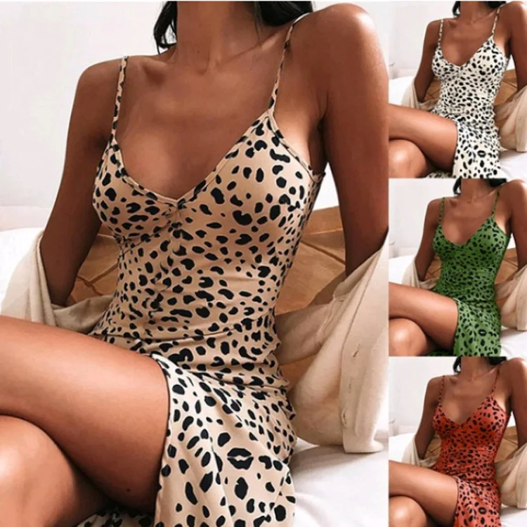 

Sexy Club Leopard Pattern Chest Wrapped Hip Slim Womens Dresses Fashion V Neck Sleeveless Suspender Plus Size Short Dress