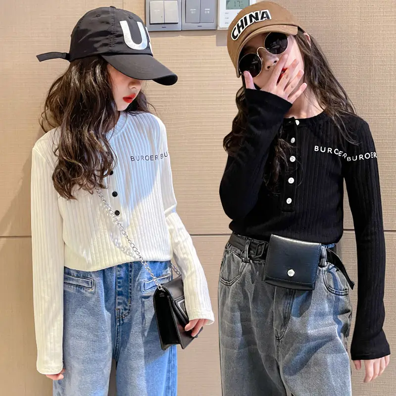 

Girls Long Sleeve Knitted T-shirt Tops Spring Autumn Teen Children Fashion Slim Fit Undershirt Pullovers Clothes 4 6 8 10 12 Yrs