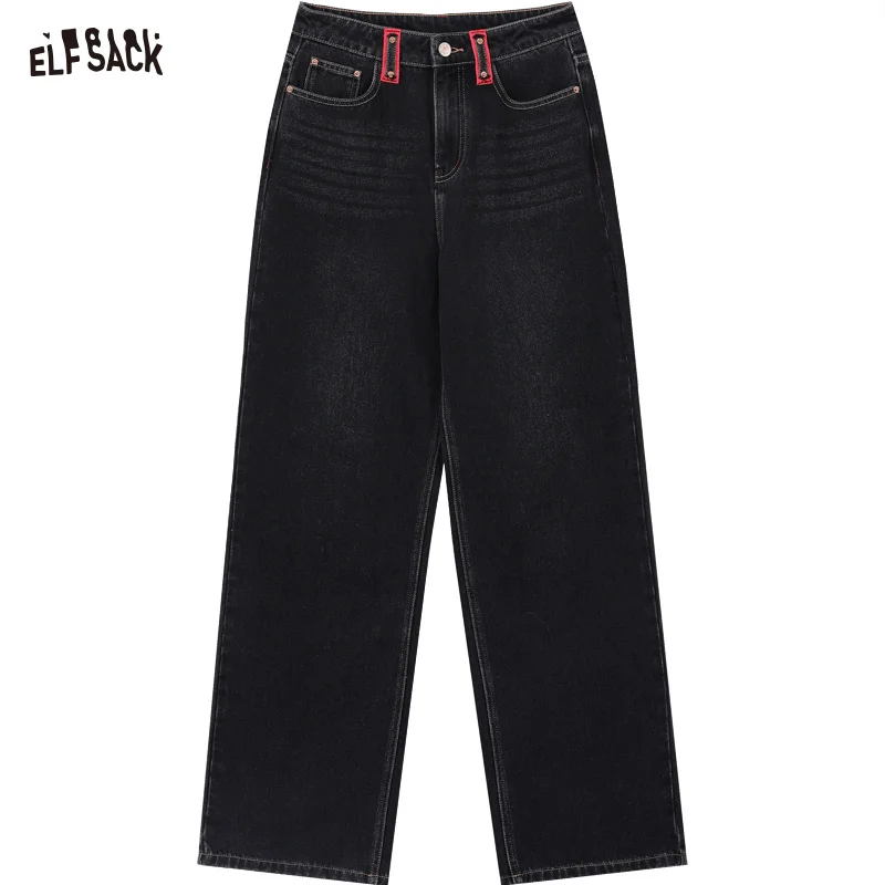 ELFSACK Straight Baggy Jeans Women 2023 Winter High Waist Plus Size Korean Fashion Trousers