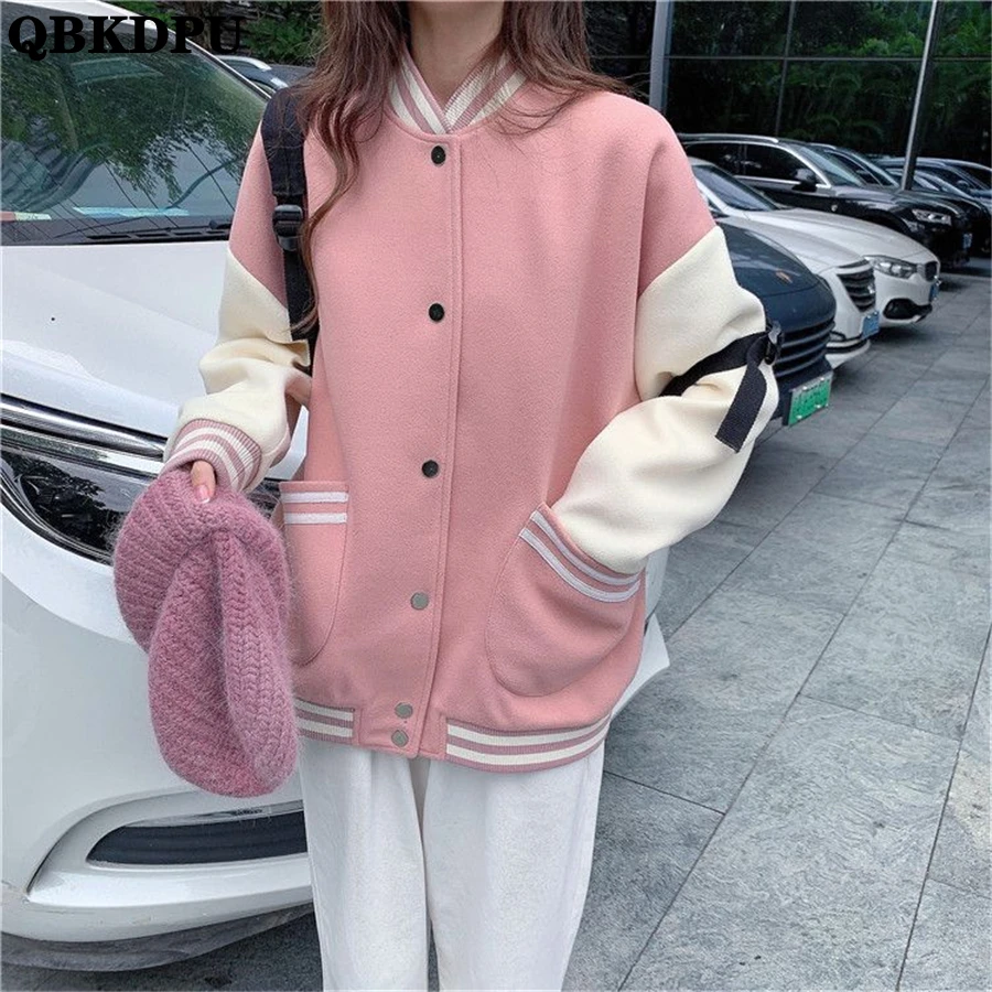 

Spring Fall Vintage Spliced Woolen Baseball Jacket Women Casual Loose Coat Long Sleeve Bomber Outwear Korean Streetwear Chaqueta