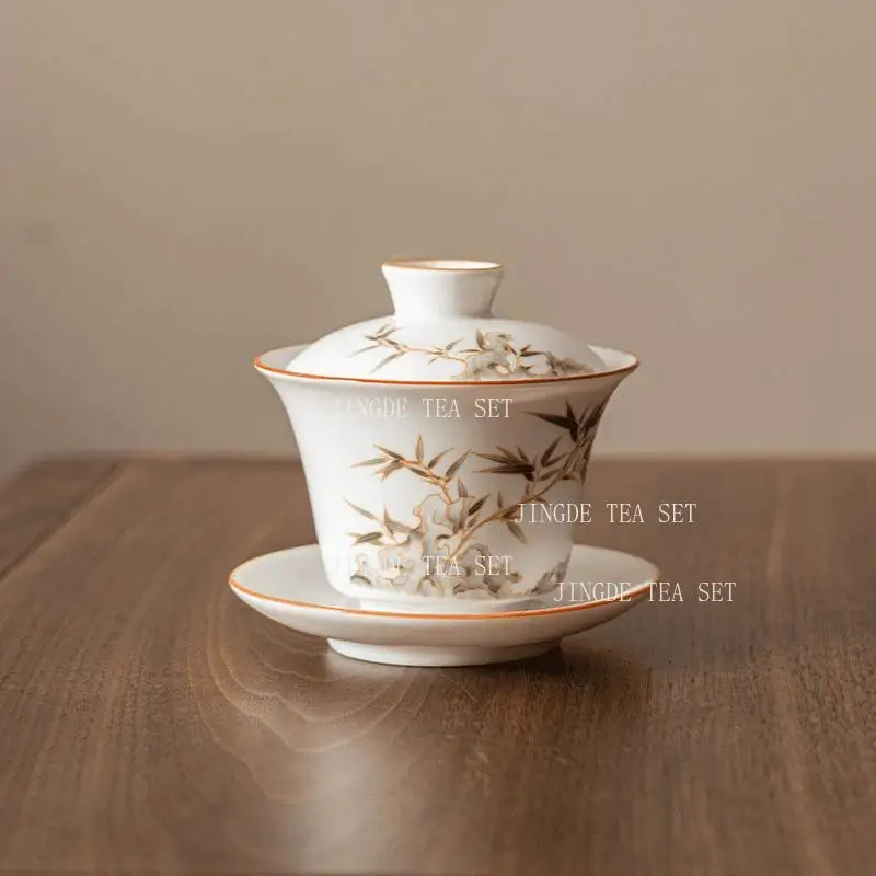 Bamboo Three Talents Bowl Cover Chinese Style Tea Bowl Household Small Capacity Tea Cup Underglaze Colored Drinking Utensils