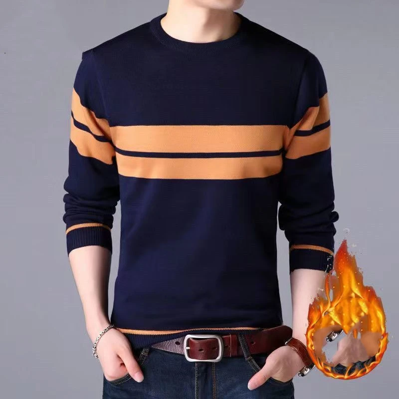 Trend Fashion Autumn Winte New Sweaters Men's O-Neck Contrast Color Casual Loose Plus Velvet Long Sleeve Pullovers Knitted Tops 5