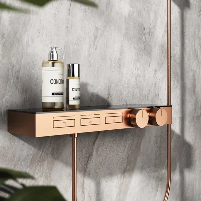 ก๊อกน้ำฝักบัวแบบเทอร์โมสตัทสีโรสโกลด์ ก๊อกน้ำฝักบัวแบบเรนชาวเวอร์สีเทาทองเหลืองติดผนัง ก๊อกน้ำฝักบัวสำหรับอ่างอาบน้ำ 3