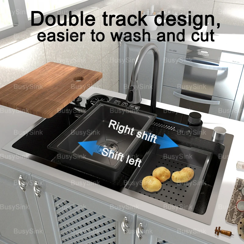 Stainless Steel Waterfall Kitchen Sink Embossed Intelligent Digital Display Washbasin Vegetable Cubic Console Single Sink