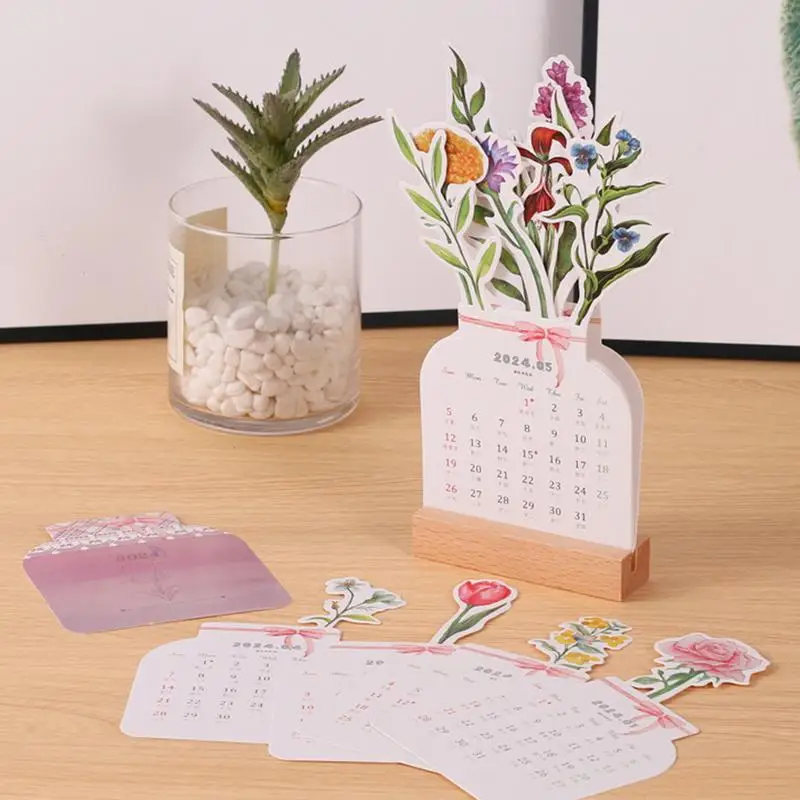 Bloomy Flowers Desk Calendar Creative Vase Shaped Calendar New Year Monthly Planner Home Office Desk Decor Gift