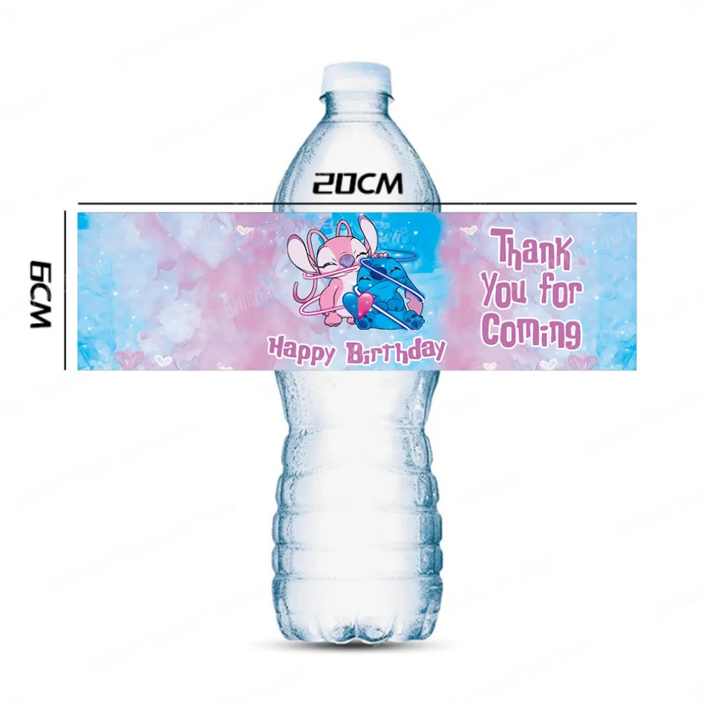 thumbnail image 1 of Decoraciones de cumpleaños de Disney Lilo & Stitch Pegatinas para botellas de fiesta de Stitch azul Suministros Pegatinas de ángel rosa Fiesta feliz Baby Shower, 1 of 5