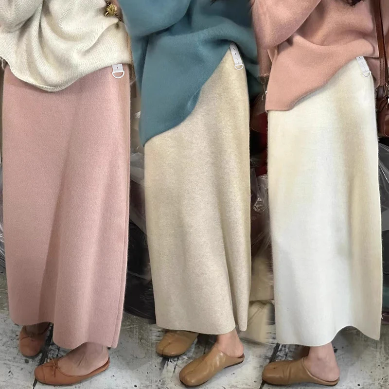Autumn Winter Pregnant Woman Belly Skirt Ankle-length Solid Color Maternity Long Step Skirts Adjustable Waist Knitted Skirt