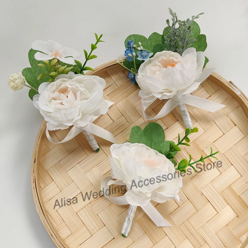 White Bride Wedding Bouquet for Bridesmaid Flowers Peonies Artificial Bridal Boutonniere Corsage Lapel Pins Marriage Accessories