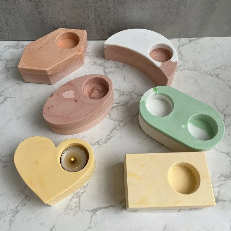 DIY 촛대 실리콘 몰드, 달 하트 타원형 직사각형 캔들 홀더 몰드, 석고 콘크리트 양초 컵, 에폭시 수지 몰드 장식