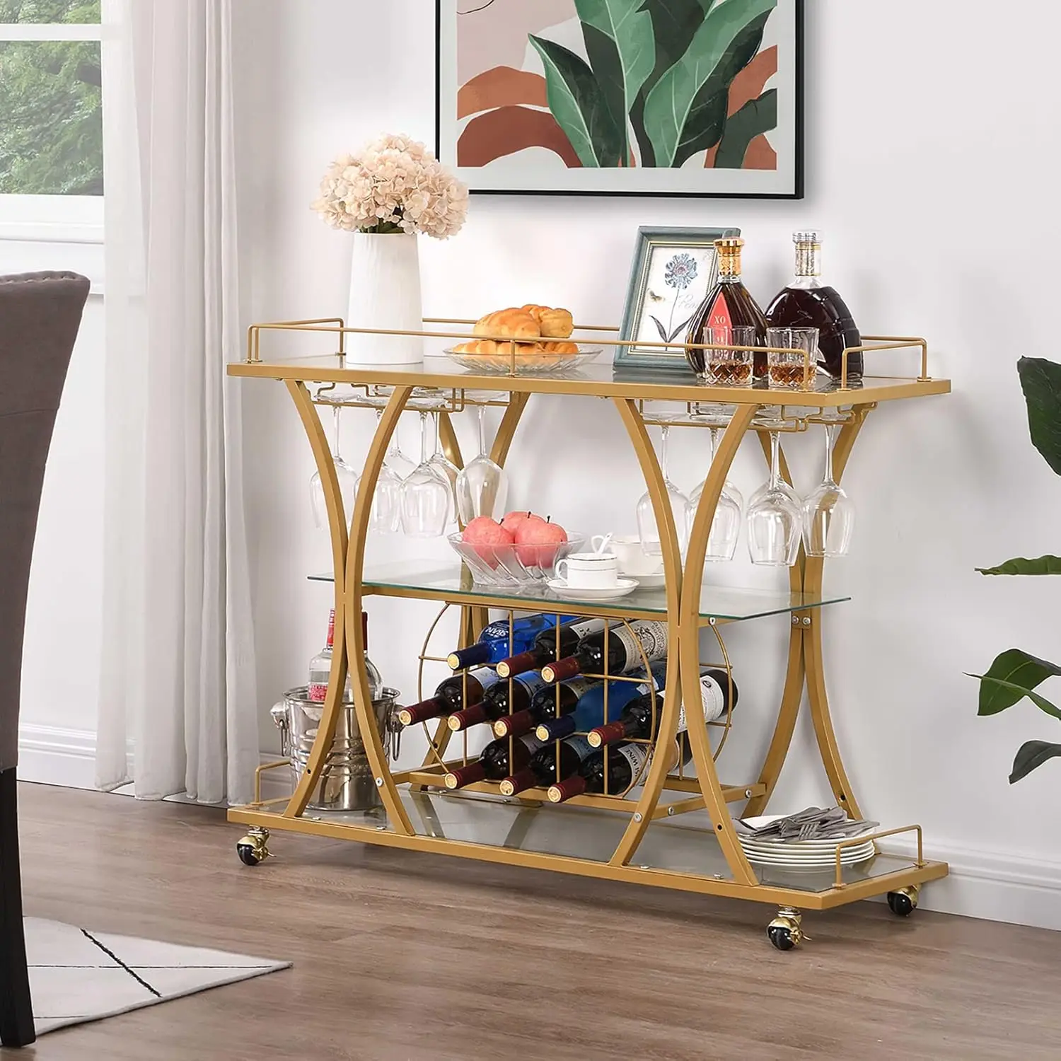 Bar Serving Cart w/ Glass Holder & Wine Rack, 3-Tier Kitchen Trolley Tempered Shelves Gold-Finished Metal Frame, Mobile for Home