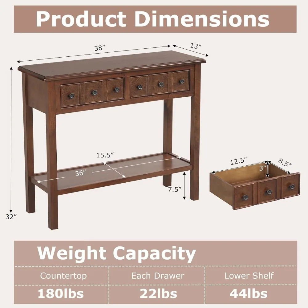 2-Tier Narrow Console Table with 2 Drawers, Retro Entryway Sofa Table for Living Room Hallway