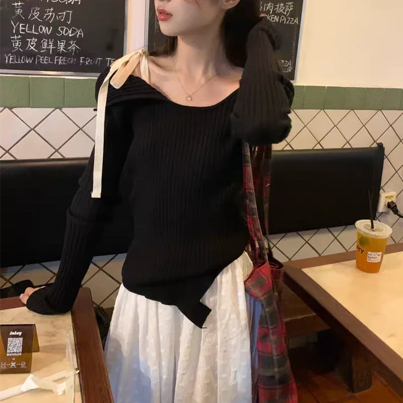 New Fall Fashion Off-Shoulder Split Side Slim-fit Asymmetrical Straps Girls Sweater Casual Bottom Knitwear Top