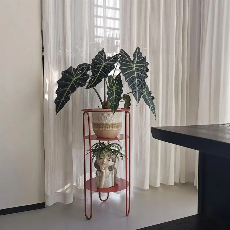 Minimalist Iron Flower Stand Vintage Red Multi-Tier Plant Shelf Creative Balcony/Living Room Decor Stylish Plant Display Rack
