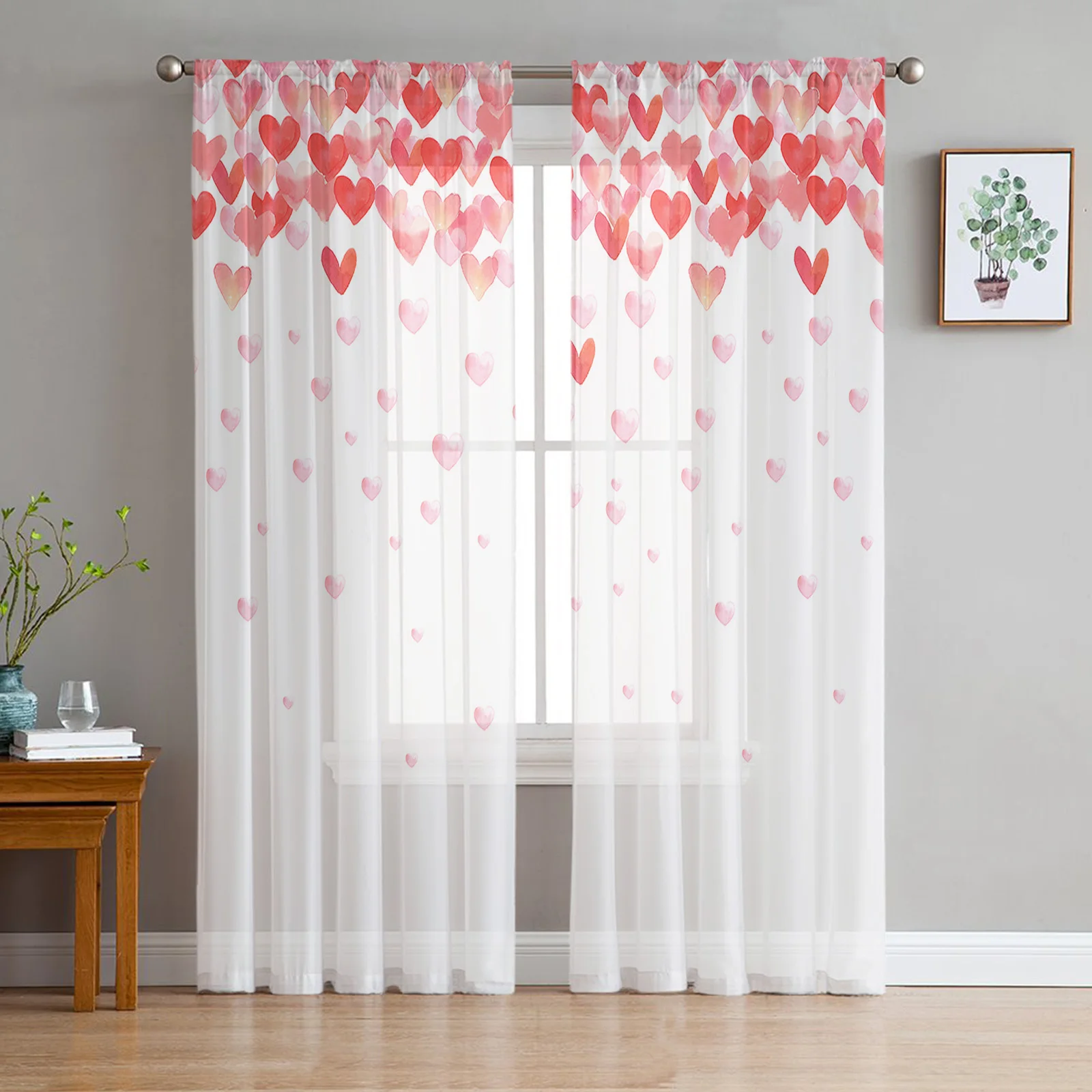 

Valentine'S Day Hearts Watercolor Tulle Curtains for Living Room Sheer Curtain for Bedroom Kitchen Blinds Voile Curtains