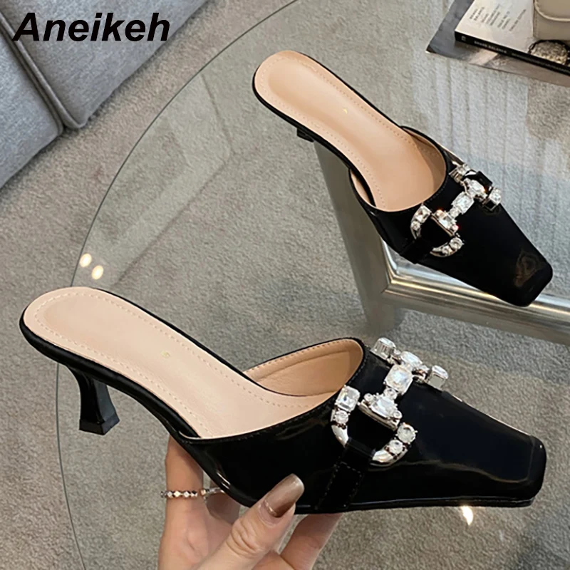 Aneikeh NEW Spring/Autumn Woman Shoes High Heels Metal Decoratio Bling Fashion Mules Pumps Square Toe Thin Heels Party Shallow