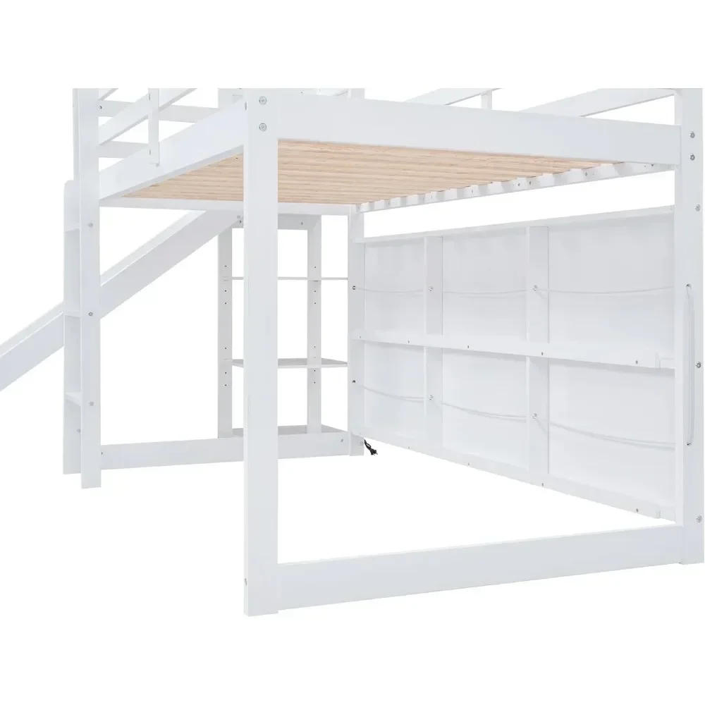 Bunk Beds Twin Size House Loft Bed with Slide, Storage Shelves and Light, Climbing Ramp, Low Loft Bed Frame, Bunk Beds for Kids 3
